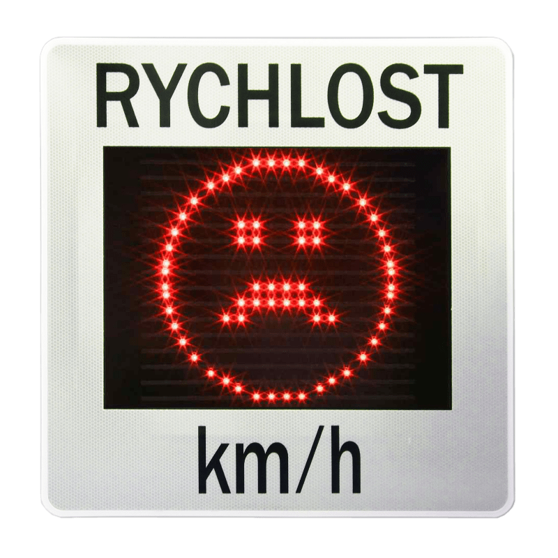 Měřič rychlosti (radar,ukazatel) GR33CL zobrazuje mračícího se smajlíka (emotikona) v červených barvách LED