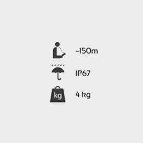 Technické ikony zobrazující technické parametry jako je stupeň krytí IP67 a váha 4kg